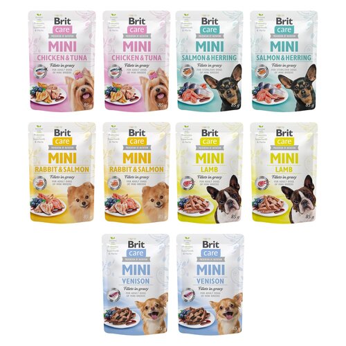 Mix smaków karm dla psa Brit CARE Mini Jagnięcina, Dziczyzna, Królik z łososiem, Kurczak z tuńczykiem, Łosoś ze śledziem 10 x 85 g