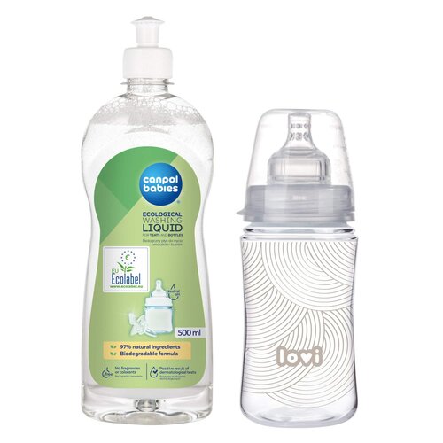 Butelka LOVI Trends Harmony 250 ml Przezroczysty + Płyn CANPOL BABIES do mycia smoczków i butelek 500 ml