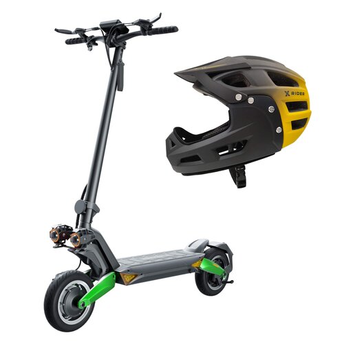 Hulajnoga elektryczna RUPTOR R6 75km 2x800W 2 amortyzatory 10" Zielony + Kask rowerowy XRIDER XR00FH01 Czarno-żółty MTB (rozmiar L)