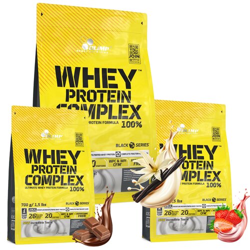 Odżywki białkowe OLIMP mix smaków Whey Protein Complex 100% Waniliowy (700 g) + Whey Protein Complex 100% Truskawkowy (700 g) + Whey Protein Complex 100% Czekoladowy (700 g)