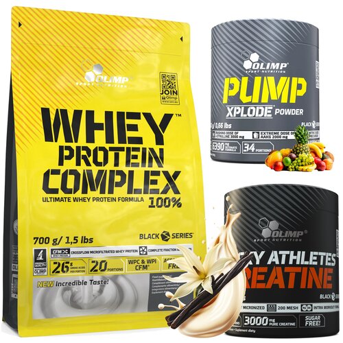Zestaw na masę OLIMP Odżywka białkowa Whey Protein Complex 100% Waniliowy (700 g) + Monohydrat kreatyny Rocky Athletes Creatine (200 g) + Przedtreningówka Pump Xplode Powder Owocowy (300 g)