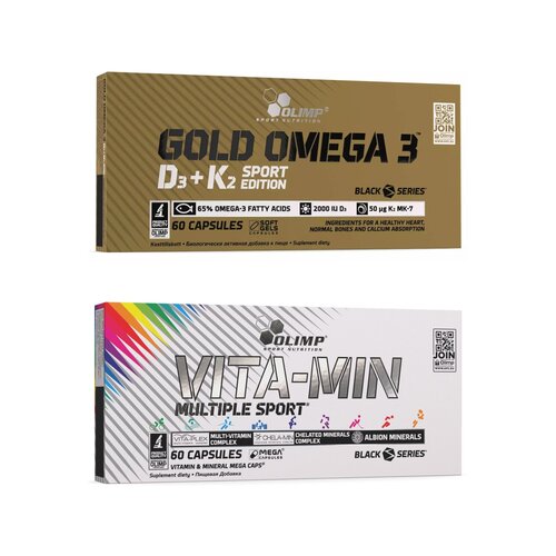 Kwasy Omega-3 + Witamina D3+K2 OLIMP Gold Omega 3 Sport Edition (60 kapsułek) + Kompleks witamin i minerałów OLIMP Vita-Min Multiple Sport Mega Caps (60 kapsułek)
