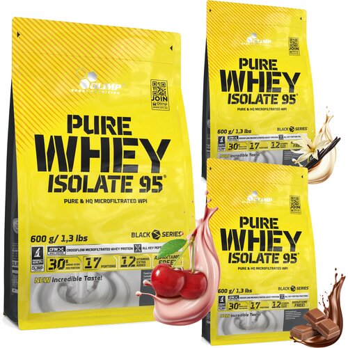 Odżywki białkowe OLIMP Bez laktozy mix smaków Pure Whey Isolate 95 Jogurt wiśniowy (600 g) + Pure Whey Isolate 95 Waniliowy (600 g) + Pure Whey Isolate 95 Czekoladowy (600 g)