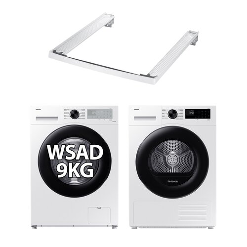 Pralka SAMSUNG WW90CGC04DAH AI Energy EcoBubble 9kg 1400 obr + Suszarka SAMSUNG DV5000D DV90DG52A0AE z pompą ciepła Optimal Dry + Łącznik SAMSUNG SKK-5EW