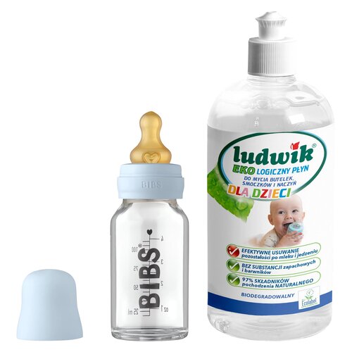 Butelka BIBS Baby Glass Bottle 110 ml Niebieski + Płyn do mycia butelek i smoczków LUDWIK CG1010102ZEKL0121 475 ml