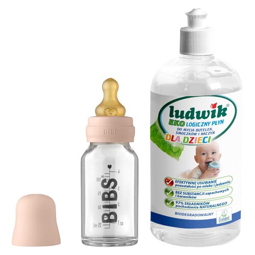 Butelka BIBS Baby Glass Bottle Blush 110 ml + Płyn do mycia butelek i smoczków LUDWIK CG1010102ZEKL0121 475 ml