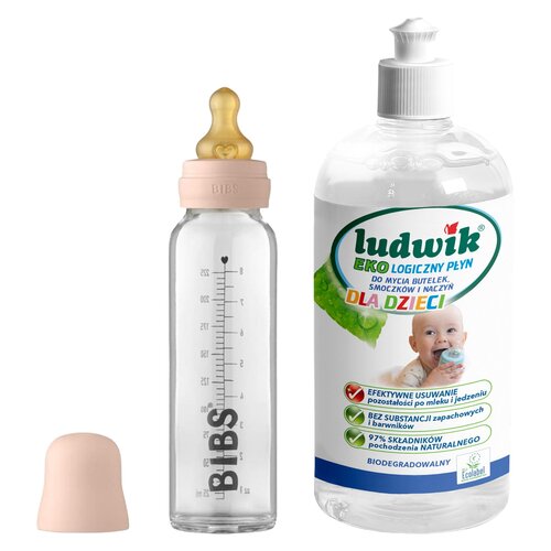 Butelka BIBS Baby Glass Bottle Blush 225 ml + Płyn do mycia butelek i smoczków LUDWIK CG1010102ZEKL0121 475 ml