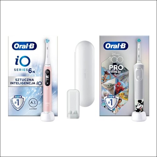 Szczoteczka magnetyczna ORAL-B iO 6 Różowy + Szczoteczka rotacyjna ORAL-B Kids Pro Kraina Lodu + Etui