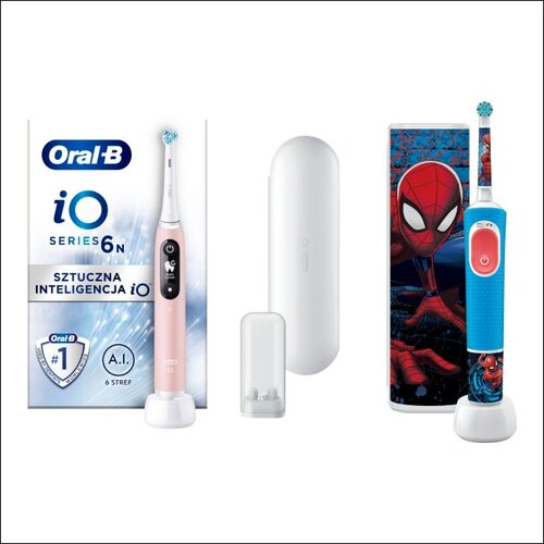 Szczoteczka magnetyczna ORAL-B iO 6 Różowy + Szczoteczka rotacyjna ORAL-B Kids Pro Spiderman + Etui