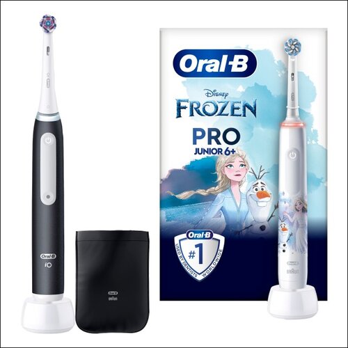 Szczoteczka magnetyczna ORAL-B iO White Clean Czarny (końcówka wybielająca + pokrowiec) + Szczoteczka rotacyjna ORAL-B Kids Pro Junior Kraina Lodu