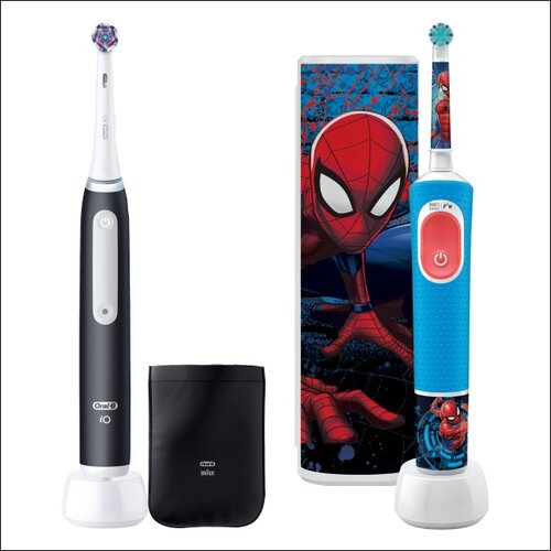 Szczoteczka magnetyczna ORAL-B iO White Clean Czarny (końcówka wybielająca + pokrowiec) + Szczoteczka rotacyjna ORAL-B Kids Pro Spiderman + Etui