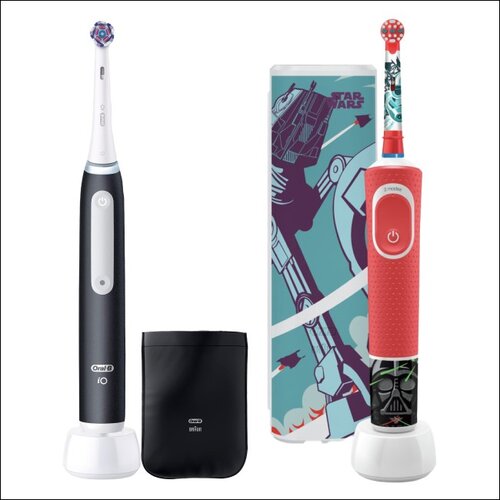 Szczoteczka magnetyczna ORAL-B iO 3 White Clean Czarny (końcówka wybielająca + pokrowiec) + Szczoteczka rotacyjna ORAL-B D100 Kids Star Wars