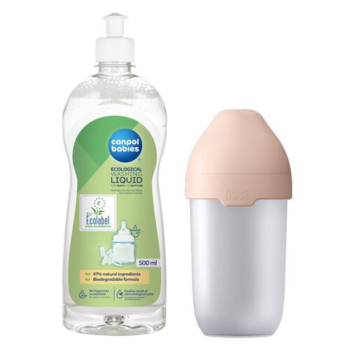 Butelka LOVI Mammafeel 250 ml Przezroczysto-pomarańczowy + Płyn CANPOL BABIES do mycia smoczków i butelek 500 ml