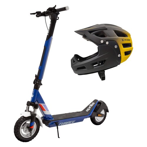 Hulajnoga elektryczna APRILIA Tuareg 40km 350W Amortyzacja 10" Granatowy + Kask rowerowy XRIDER XR00KFH01 Czarno-żółty MTB (rozmiar S)
