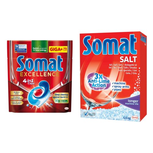 Kapsułki do zmywarki SOMAT Excellence 4w1 - 75 szt. + Sól do zmywarek SOMAT 1.5 kg