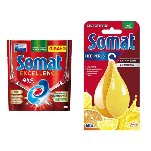 Kapsułki do zmywarki SOMAT Excellence 4w1 - 75 szt. + Odświeżacz do zmywarek SOMAT Somat Deo Lemon