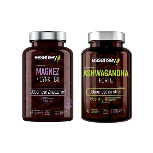 Adaptogen ESSENSEY Ashwagandha Forte (90 kapsułek) + Kompleks witamin i minerałów ESSENSEY Magnez + cynk + B6 (120 kapsułek)
