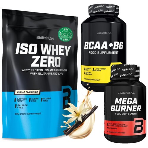 Zestaw wspomagający redukcję BIOTECH Odżywka białkowa Iso Whey Zero Waniliowy (500 g) Bez cukru i laktozy + Spalacz tłuszczu Mega Burner (90 kapsułek) + Aminokwasy BCAA+B6 (200 tabletek)