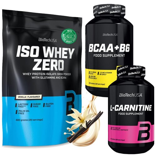 Zestaw wspomagający redukcję BIOTECH Odżywka białkowa Iso Whey Zero Waniliowy (500 g) Bez cukru i laktozy + Spalacz tłuszczu L-Carnitine (60 tabletek) + Aminokwasy BCAA+B6 (200 tabletek)