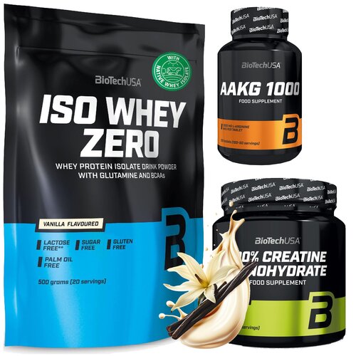 Zestaw na masę BIOTECH Odżywka białkowa Iso Whey Zero Waniliowy (500 g) Bez cukru i laktozy + Monohydrat kreatyny 100% Creatine Monohydrate (300 g) + Przedtreningówka AAKG 1000 (100 tabletek)
