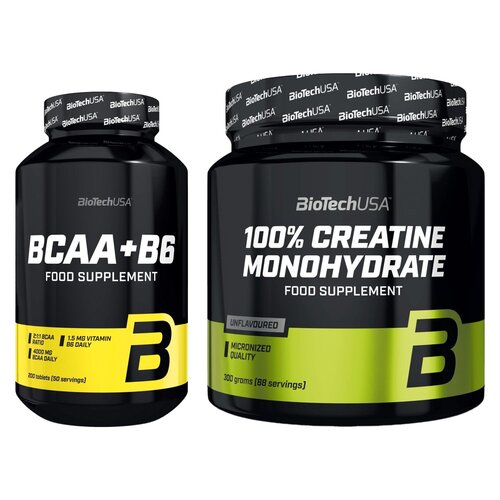 Aminokwasy BCAA BIOTECH +B6 (200 tabletek) + Monohydrat kreatyny BIOTECH 100% Creatine Monohydrate (300 g)