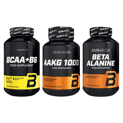 Aminokwasy Beta-alanina BIOTECH (90 kapsułek) + Przedtreningówka BIOTECH AAKG 1000 (100 tabletek) + Aminokwasy BCAA BIOTECH +B6 (200 tabletek)