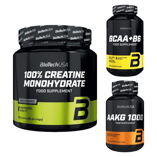 Monohydrat kreatyny BIOTECH 100% Creatine Monohydrate (300 g) + Aminokwasy BCAA BIOTECH +B6 (200 tabletek) + Przedtreningówka BIOTECH AAKG 1000 (100 tabletek)