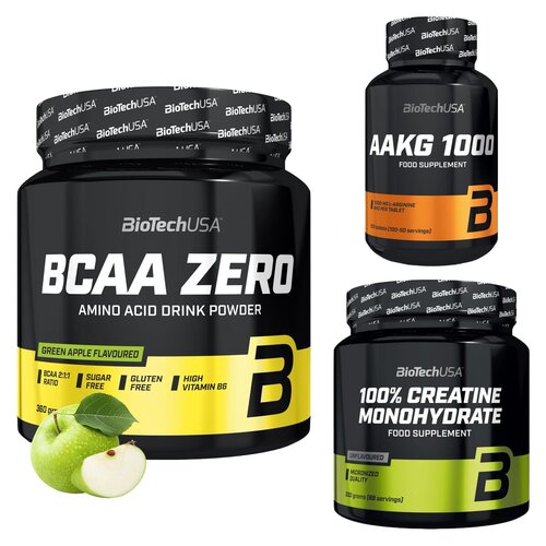 Monohydrat kreatyny BIOTECH 100% Creatine Monohydrate (300 g) + Aminokwasy BCAA BIOTECH Zero Zielone jabłko (360 g) + Przedtreningówka BIOTECH AAKG 1000 (100 tabletek)