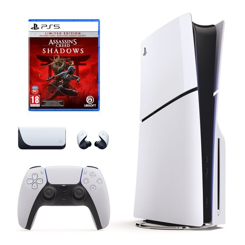 Konsola SONY PlayStation 5 Slim + Assassin's Creed Shadows - Edycja Limitowana Gra PS5 + Słuchawki SONY Pulse Explore Bezprzewodowe, Dokanałowe, Dźwięk przestrzenny