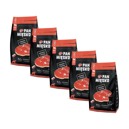 Karma dla psa PAN MIĘSKO Wołowina z koziną XS 5 x 3 kg