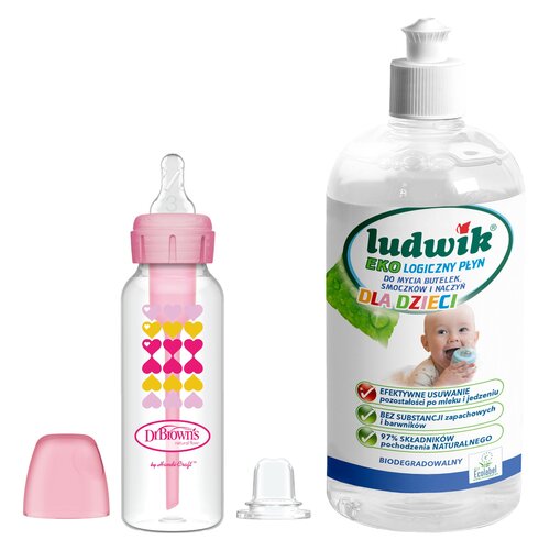 Zestaw DR BROWNS Od butelki do kubka 250 ml Różowy + Płyn do mycia butelek i smoczków LUDWIK CG1010102ZEKL0121 475 ml