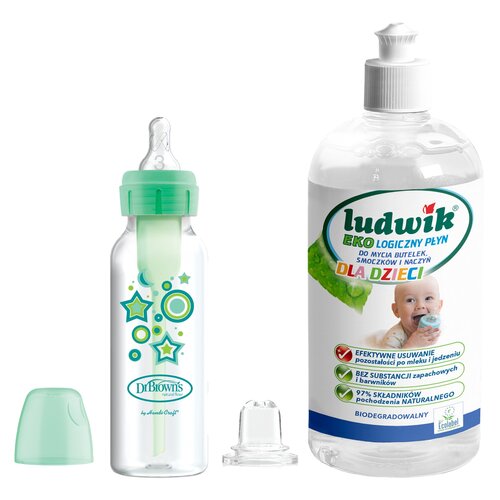Zestaw DR BROWNS Od butelki do kubka 250 ml Zielony + Płyn do mycia butelek i smoczków LUDWIK CG1010102ZEKL0121 475 ml