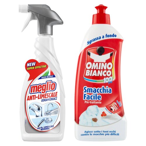 Odkamieniacz MEGLIO Anti-Limescale 650 ml + Odplamiacz OMINO BIANCO Smacchia Facile 500 ml