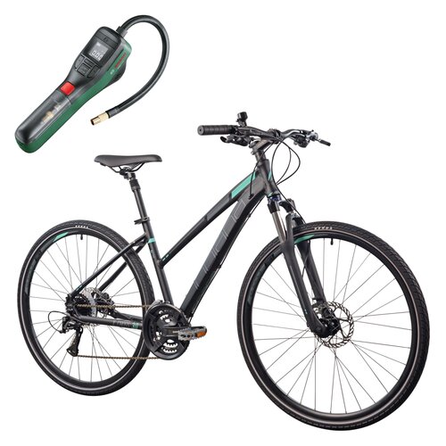 Rower crossowy INDIANA X-Cross 3.0 D19 damski 2024 Czarno-turkusowy + Pompka rowerowa BOSCH EasyPump 0603947000