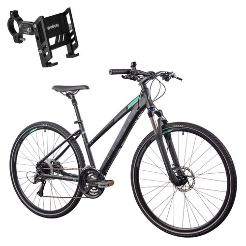 Rower crossowy INDIANA X-Cross 3.0 D19 damski 2024 Czarno-turkusowy + Uchwyt na telefon do roweru VÖGEL VUC601