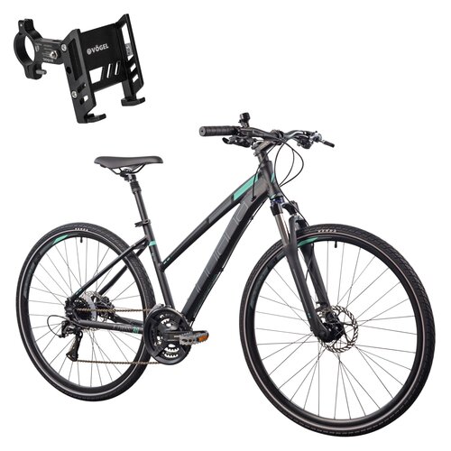 Rower crossowy INDIANA X-Cross 3.0 D21 damski 2024 Czarno-turkusowy + Uchwyt na telefon do roweru VÖGEL VUC601
