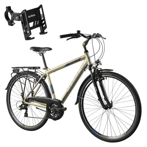 Rower trekkingowy INDIANA X-Road 1.0 M19 28 cali (NT-210DG) męski Piaskowy + Uchwyt na telefon do roweru VÖGEL VUC601