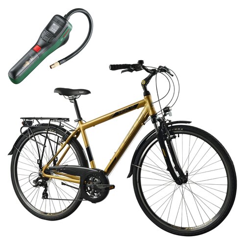Rower trekkingowy INDIANA X-Road 1.0 M17 28 cali męski Jasnobrązowy + Pompka rowerowa BOSCH EasyPump 0603947000