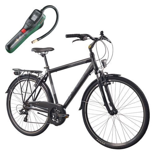Rower trekkingowy INDIANA X-Road 1.0 M17 28 cali Amar męski Czarny + Pompka rowerowa BOSCH EasyPump 0603947000