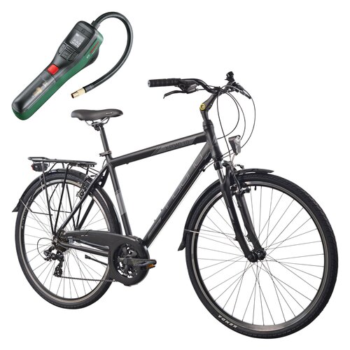 Rower trekkingowy INDIANA X-Road 1.0 M23 28 cali męski Czarny 2024 + Pompka rowerowa BOSCH EasyPump 0603947000