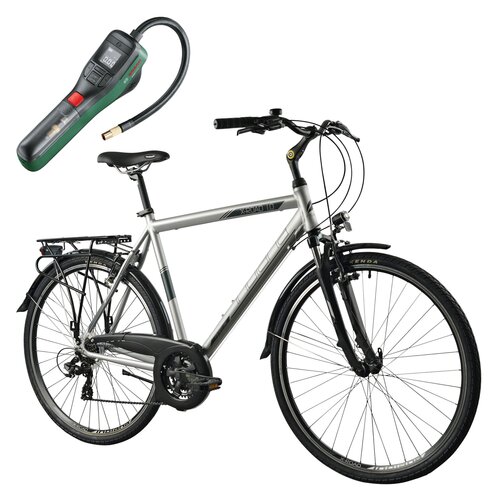 Rower trekkingowy INDIANA X-Road 1.0 M21 28 cali męski Srebrny + Pompka rowerowa BOSCH EasyPump 0603947000
