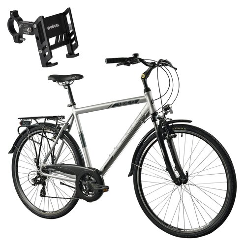 Rower trekkingowy INDIANA X-Road 1.0 M21 28 cali męski Srebrny + Uchwyt na telefon do roweru VÖGEL VUC601