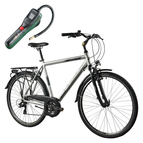 Rower trekkingowy INDIANA X-Road 1.0 M23 28 cali Amar męski Srebrny + Pompka rowerowa BOSCH EasyPump 0603947000