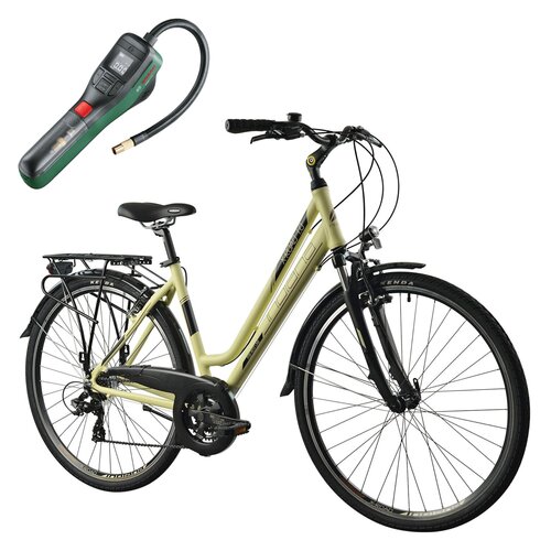 Rower trekkingowy INDIANA X-Road 1.0 D19 28 cali Amar damski Kremowy + Pompka rowerowa BOSCH EasyPump 0603947000