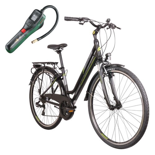 Rower trekkingowy INDIANA X-Road 1.0 D15 28 cali (NT-210DG) damski Czarny + Pompka rowerowa BOSCH EasyPump 0603947000