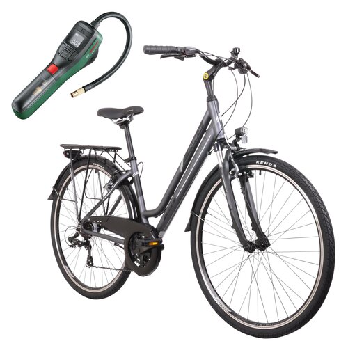 Rower trekkingowy INDIANA X-Road 1.0 D19 28 cali (TY610 Dual Pool 31.8 TS 48T/RD-TY300) damski Ciemnoszary + Pompka rowerowa BOSCH EasyPump 0603947000