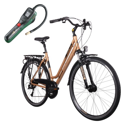 Rower trekkingowy INDIANA X-Road 3.0 D15 28 cali damski Brązowo-czarny + Pompka rowerowa BOSCH EasyPump 0603947000