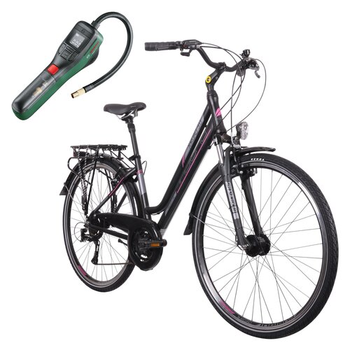 Rower trekkingowy INDIANA X-Road 3.0 D15 28 cali damski Czarno-fioletowy + Pompka rowerowa BOSCH EasyPump 0603947000