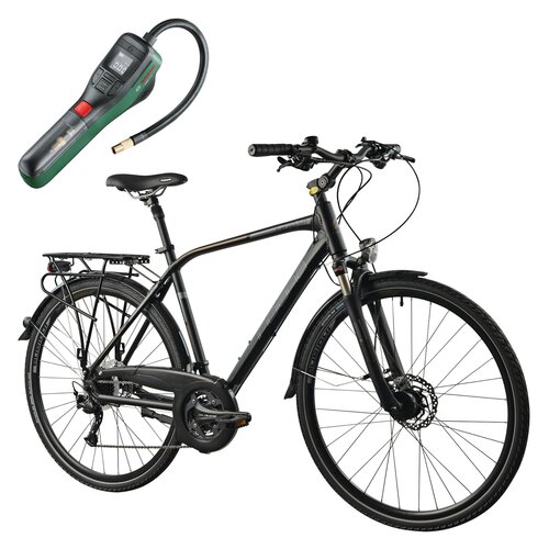 Rower trekkingowy INDIANA X-Road 5.0 M23 28 cali (Altus FD-M370/Alivio RD-M3100 9x3) męski Czarno-szaro-brązowy + Pompka rowerowa BOSCH EasyPump 0603947000