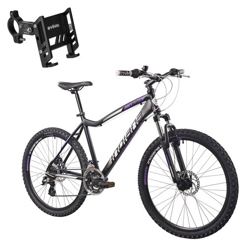 Rower górski MTB INDIANA X-Pulser 2.6 D15 26 cali (TY300 31.8 TP 42T/RD-M310) damski Czarno-biało-fioletowy + Uchwyt na telefon do roweru VÖGEL VUC601